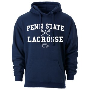 long sleeve hooded sweatshirt navy with white Penn State Lacrosse, sticks, ball, and Athletic Logo